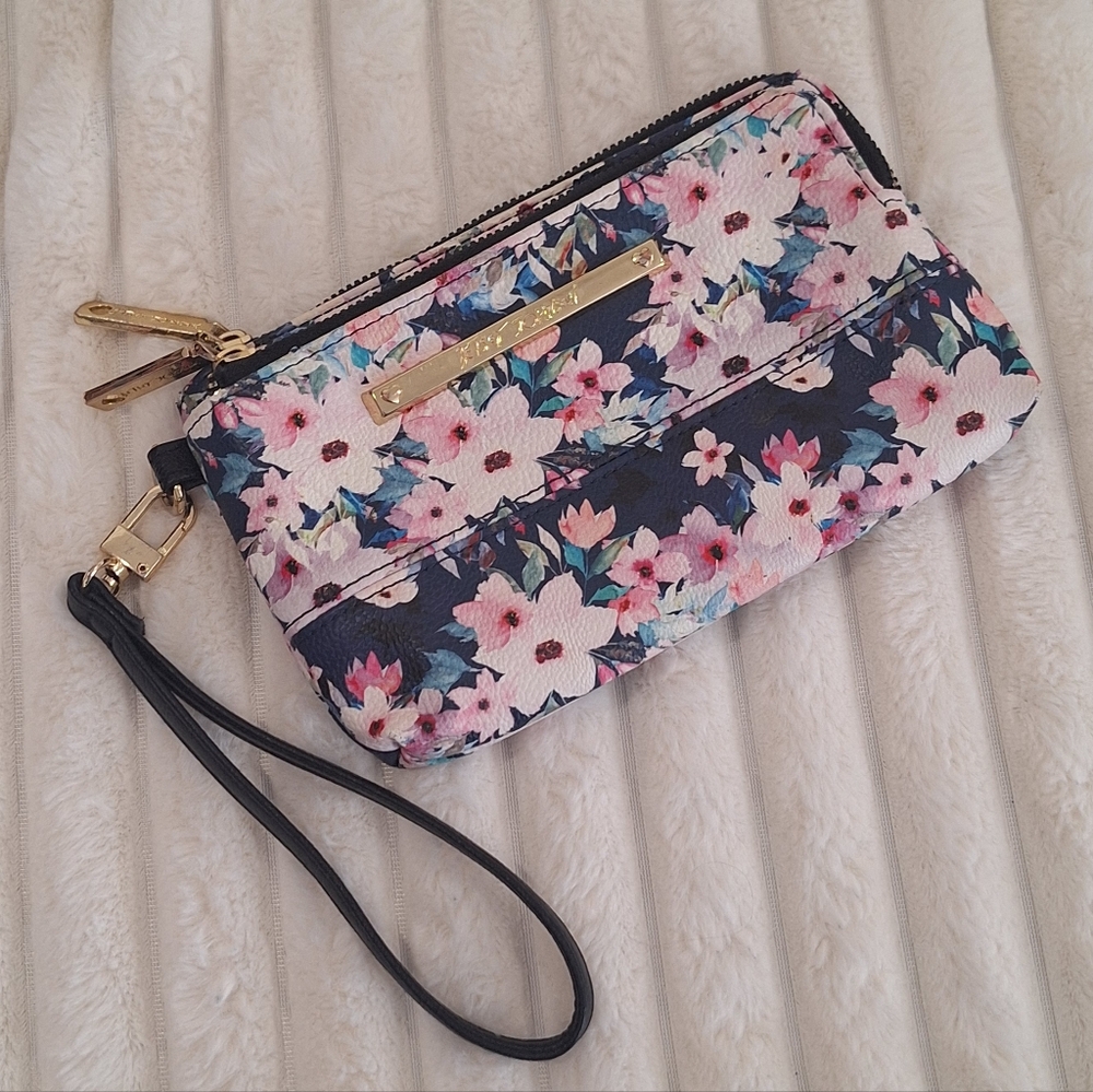 Betsey Johnson Floral Double Zip Wristlet Wallet Navy Pink Blossom Print 8" Used